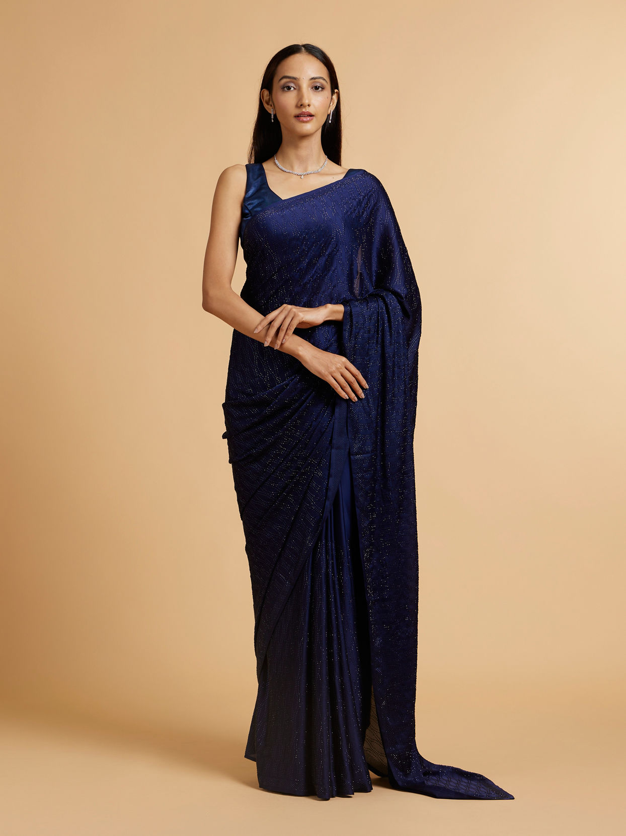 Mohey Women Indigo Blue Rhinestone Embellished Saree image number 0