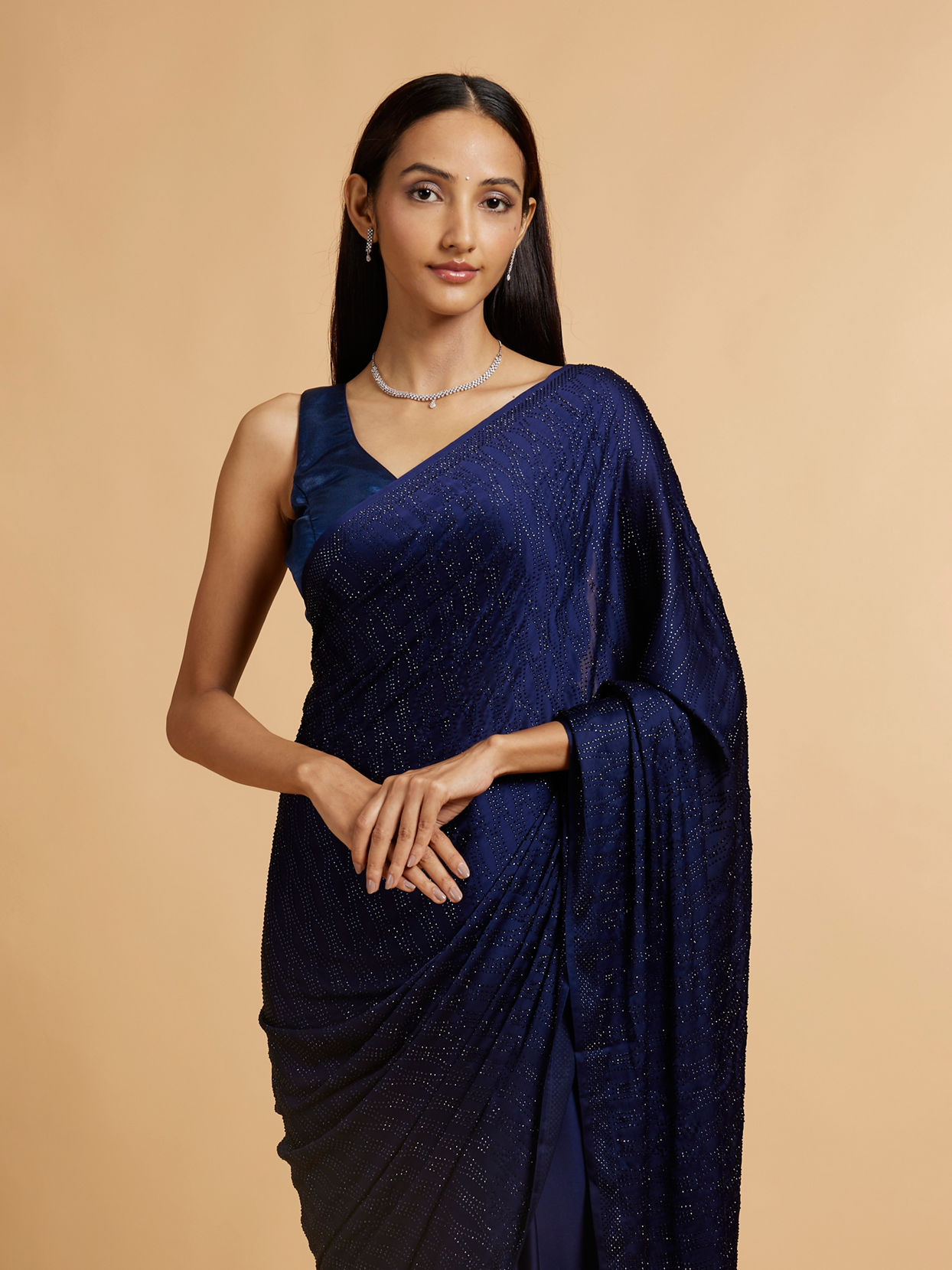 Mohey Women Indigo Blue Rhinestone Embellished Saree image number 1