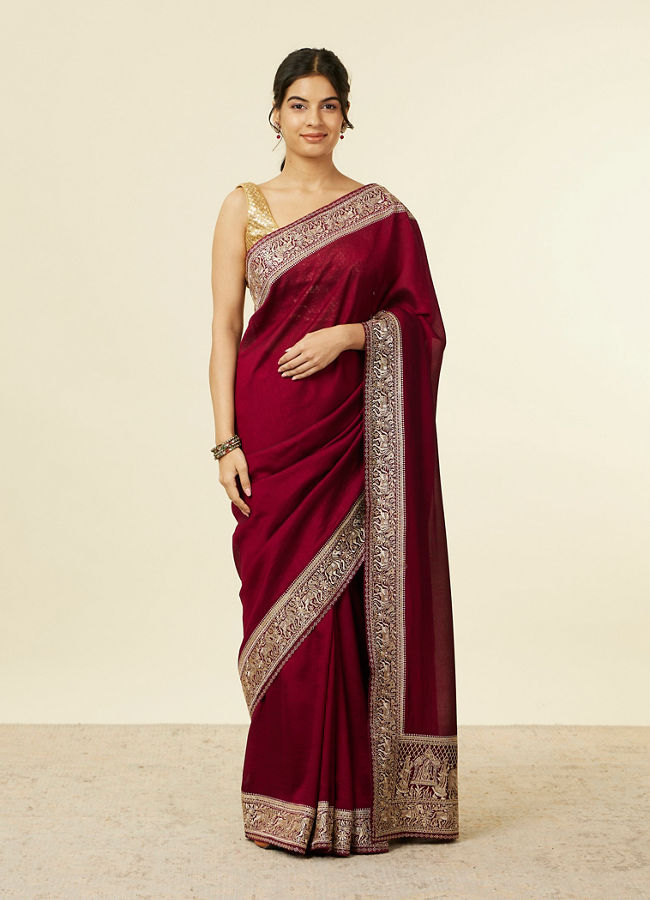 alt message - Mohey Women Royal Wine Doli Baraat Patterned Saree image number 0