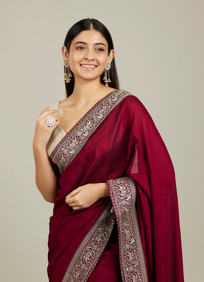 Mohey Women Royal Wine Doli Baraat Patterned Saree