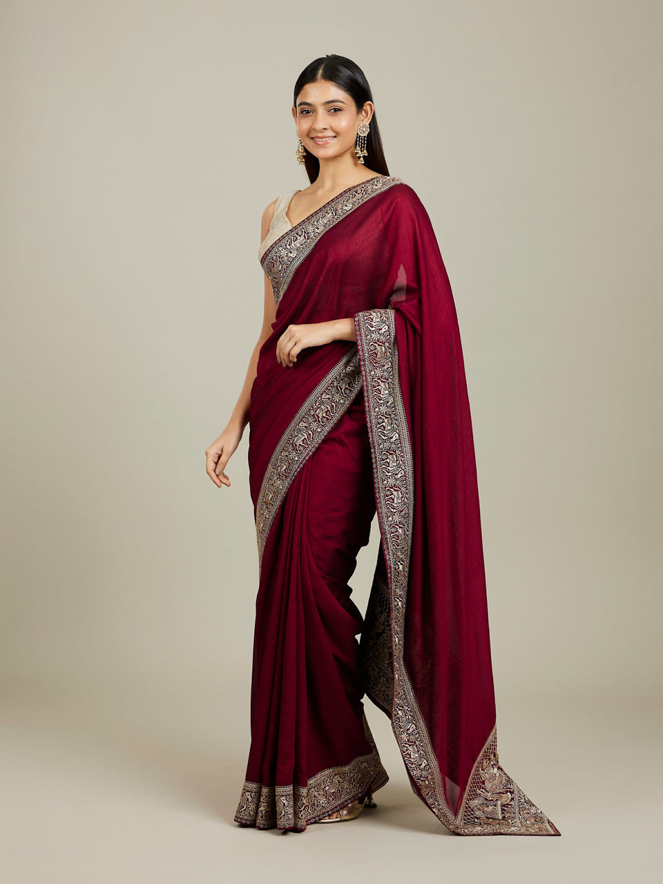 Mohey Women Royal Wine Doli Baraat Patterned Saree