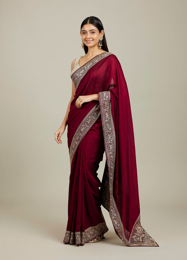 Mohey Women Royal Wine Doli Baraat Patterned Saree
