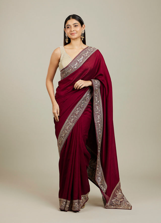 Mohey Women Royal Wine Doli Baraat Patterned Saree image number 0