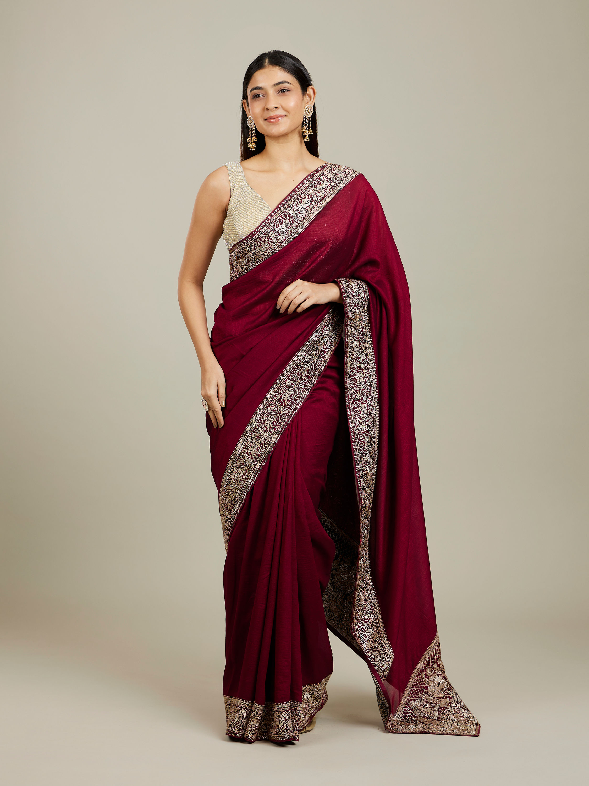 Mohey Women Royal Wine Doli Baraat Patterned Saree