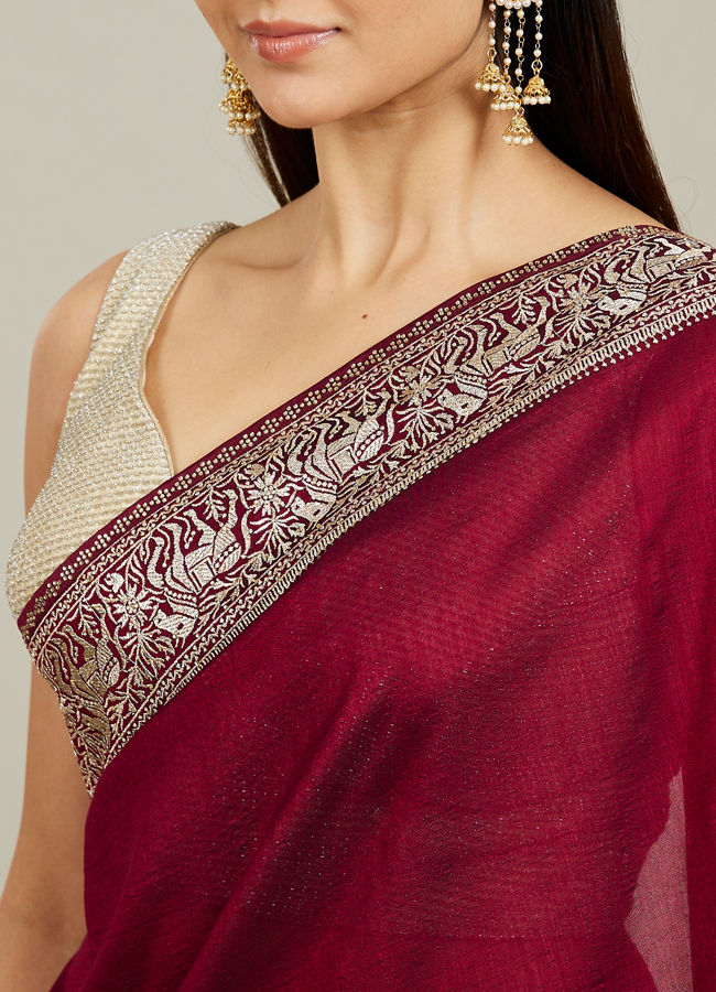 Mohey Women Royal Wine Doli Baraat Patterned Saree