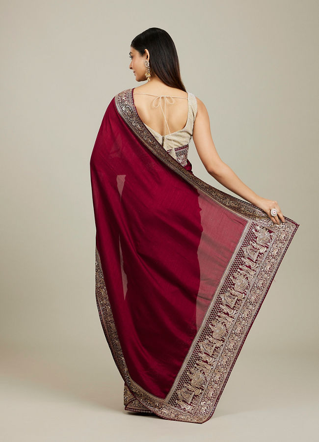 Mohey Women Royal Wine Doli Baraat Patterned Saree