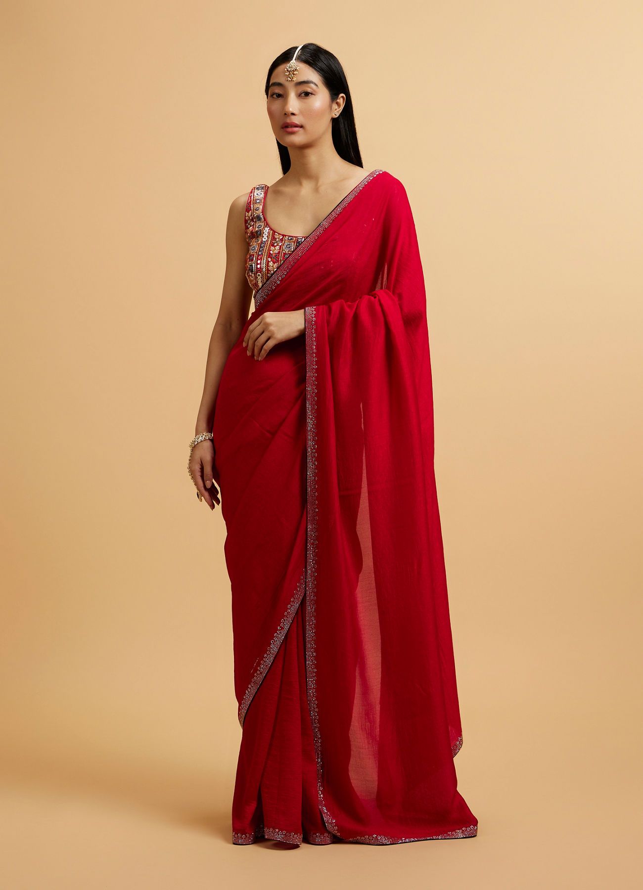 Mohey Women Splendid Red Rhinestone Embellished Saree