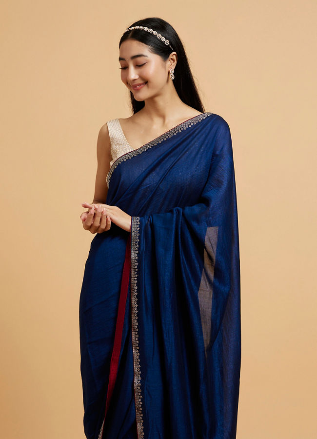 Mohey Women Teal Blue Rhinestone Embellished Saree
