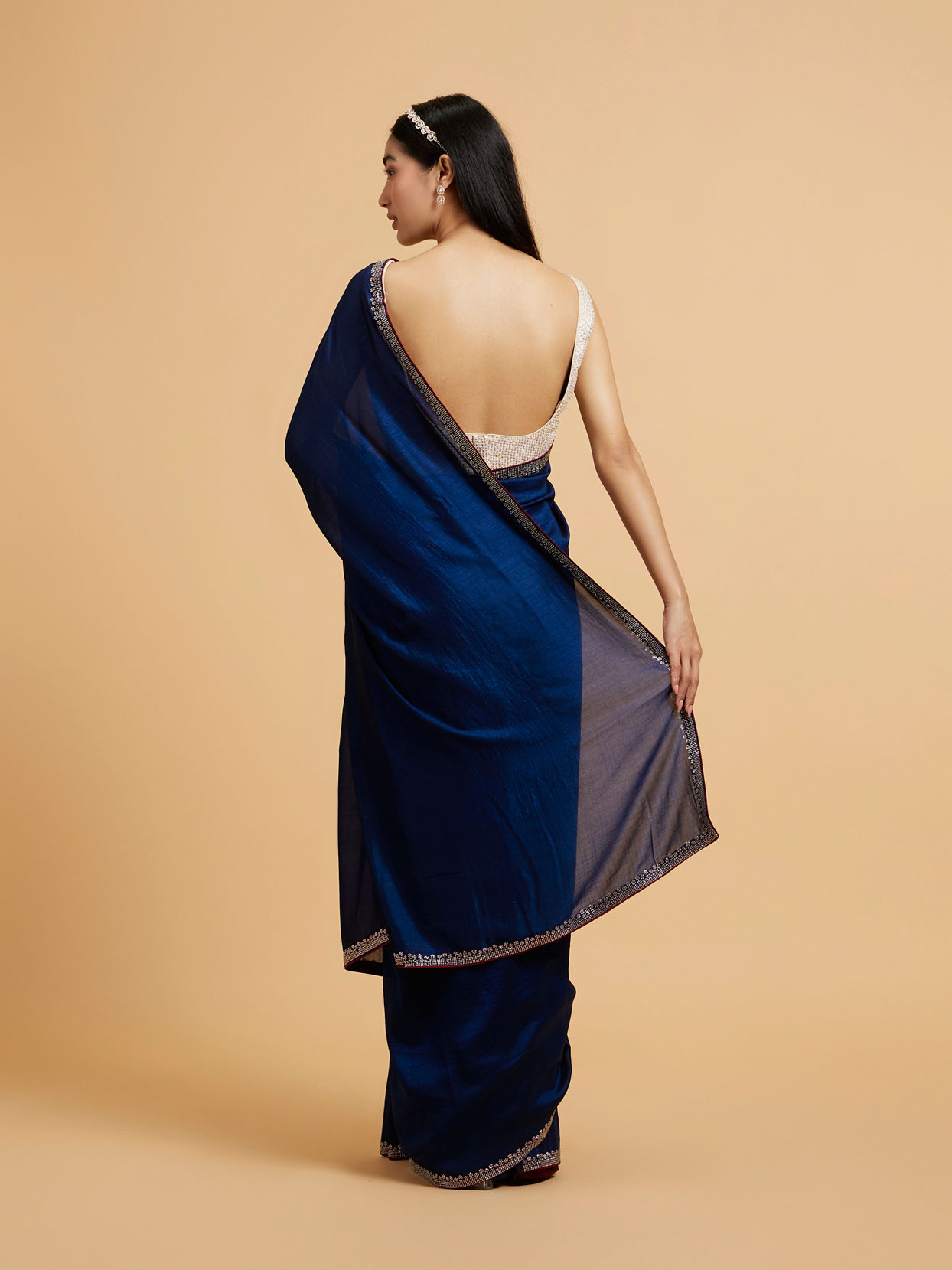 Mohey Women Teal Blue Rhinestone Embellished Saree