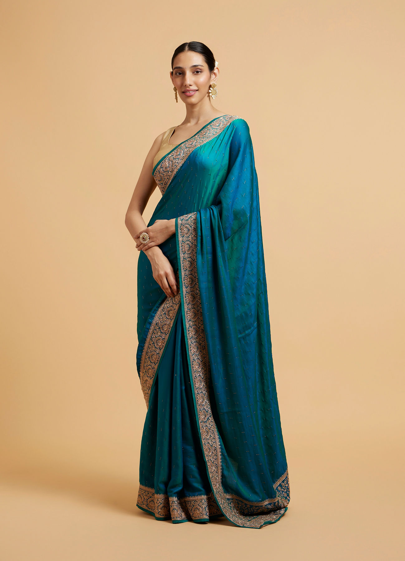 Mohey Women Rama Green Elegance Satin Saree