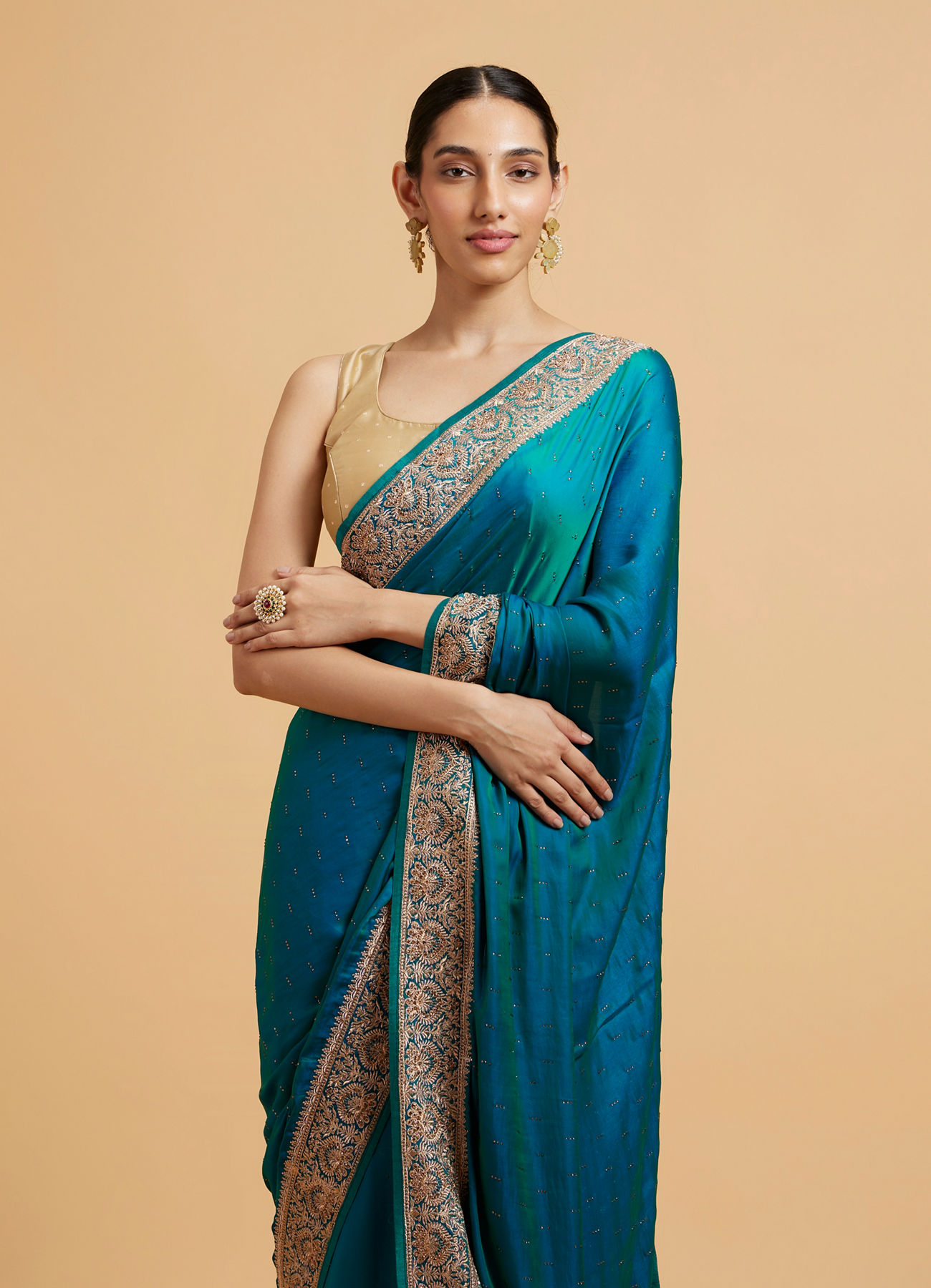 Mohey Women Rama Green Elegance Satin Saree