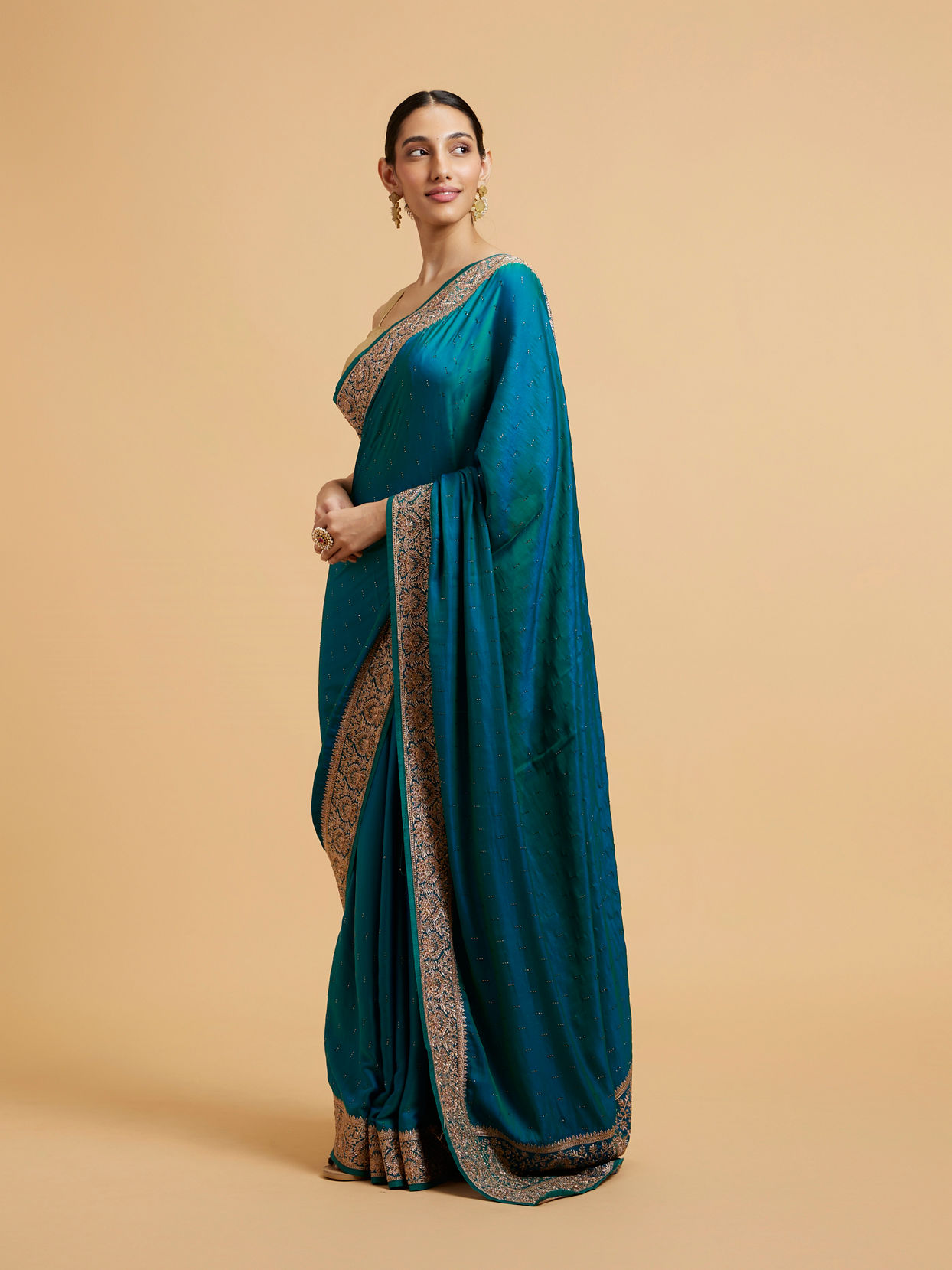 Mohey Women Rama Green Elegance Satin Saree