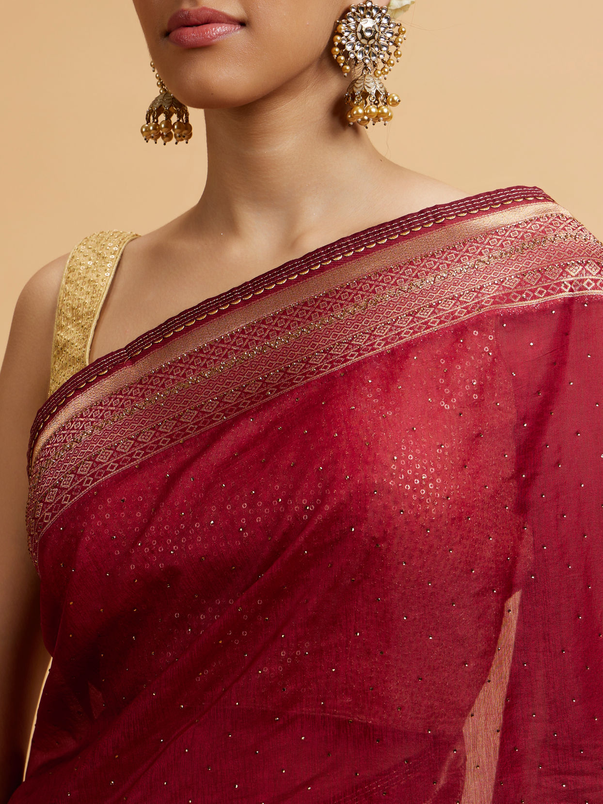 Mohey Women Wine Leaf and Floral Patterned Saree with Stone Work