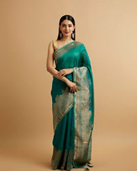 Mohey Women Teal Blue Leaf and Floral Patterned Saree with Stone Embellishments