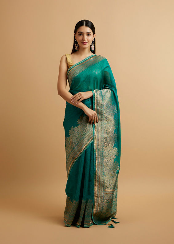 Mohey Women Teal Blue Leaf and Floral Patterned Saree with Stone Embellishments