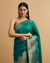 Mohey Women Teal Blue Leaf and Floral Patterned Saree with Stone Embellishments