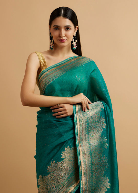 Mohey Women Teal Blue Leaf and Floral Patterned Saree with Stone Embellishments