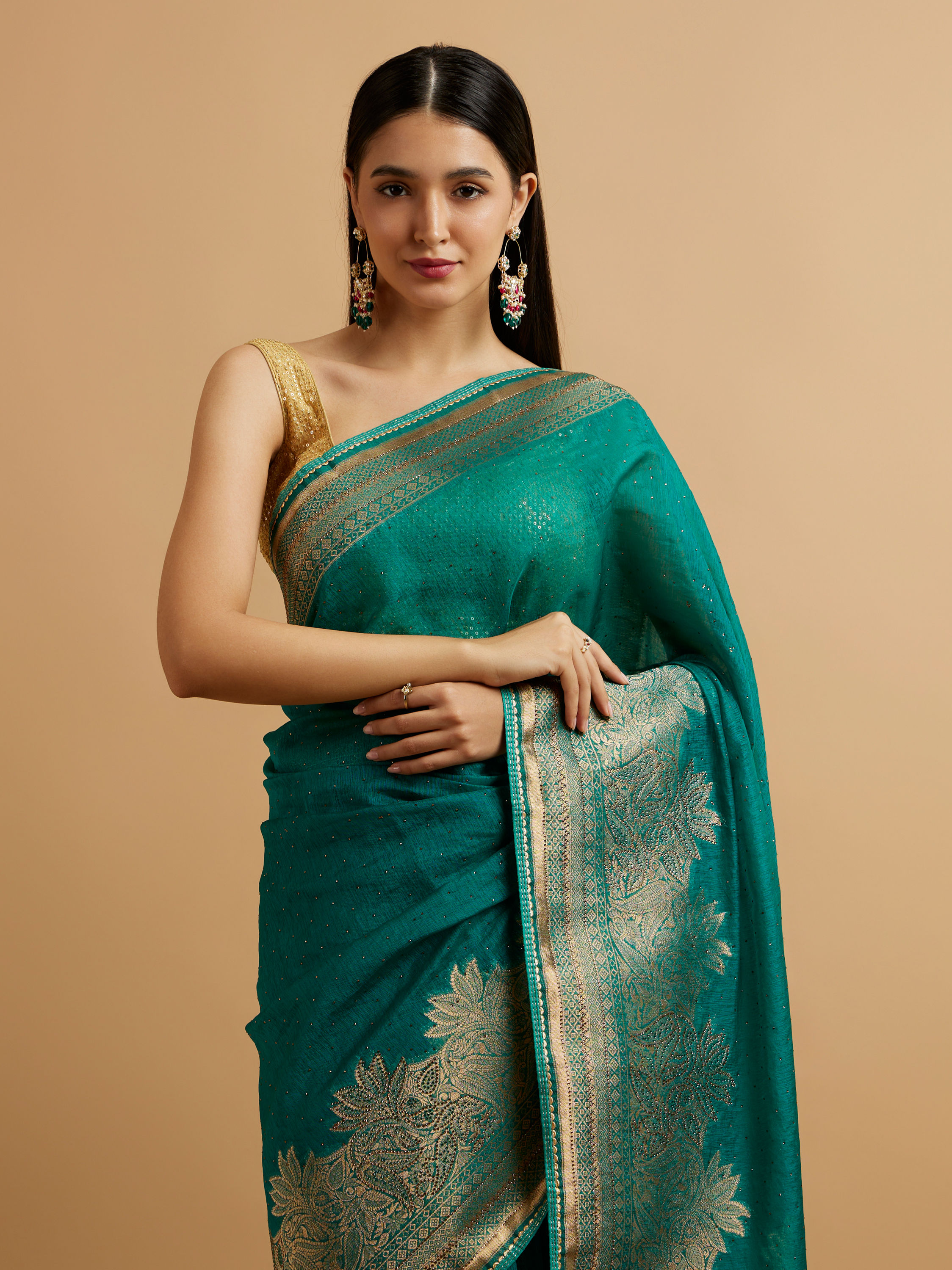 Mohey Women Teal Blue Leaf and Floral Patterned Saree with Stone Embellishments