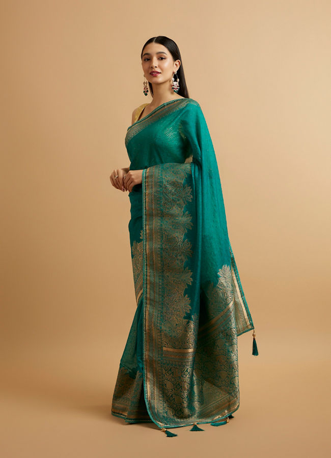 Mohey Women Teal Blue Leaf and Floral Patterned Saree with Stone Embellishments