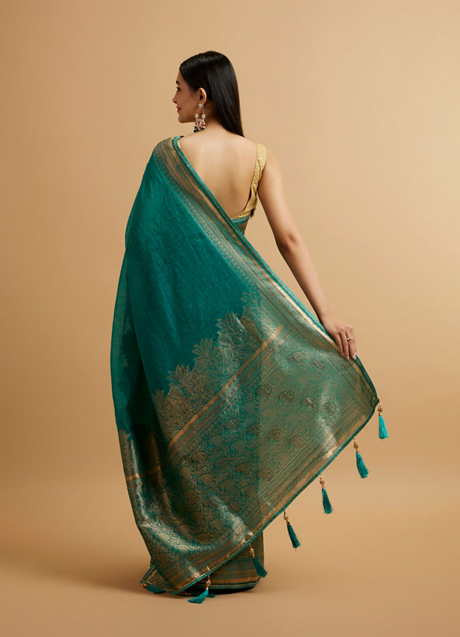Mohey Women Teal Blue Leaf and Floral Patterned Saree with Stone Embellishments