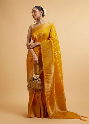 alt message - Mohey Women Mustard Yellow Leaf Patterned Saree with Stone Work image number 0