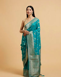 Mohey Women Rama Green Leaf Patterned Saree with Stone Work