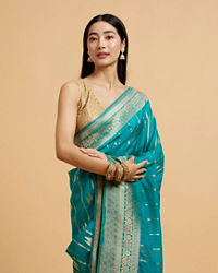 Mohey Women Rama Green Leaf Patterned Saree with Stone Work