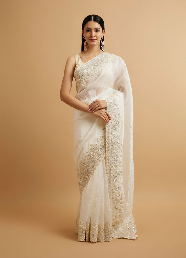 Mohey Women Dark Cream Bel Buti Patterned Stone Embellished Saree