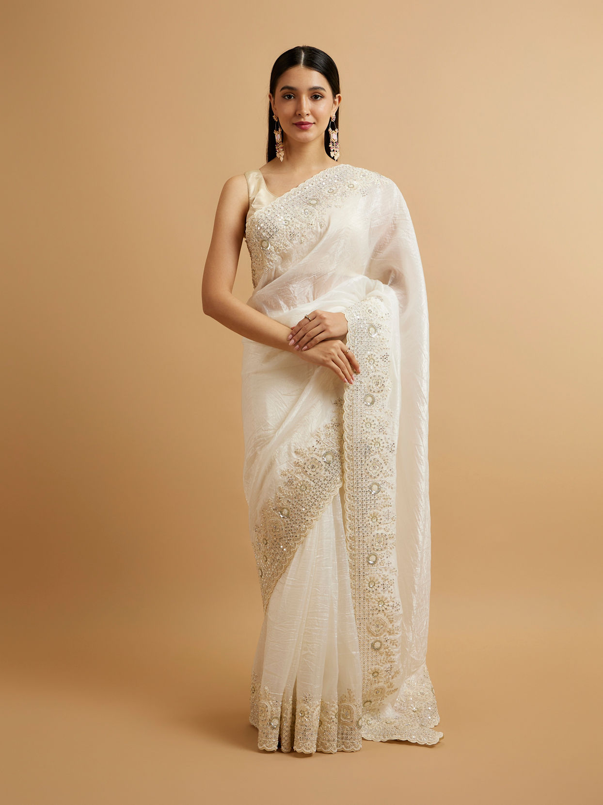 Mohey Women Dark Cream Bel Buti Patterned Stone Embellished Saree