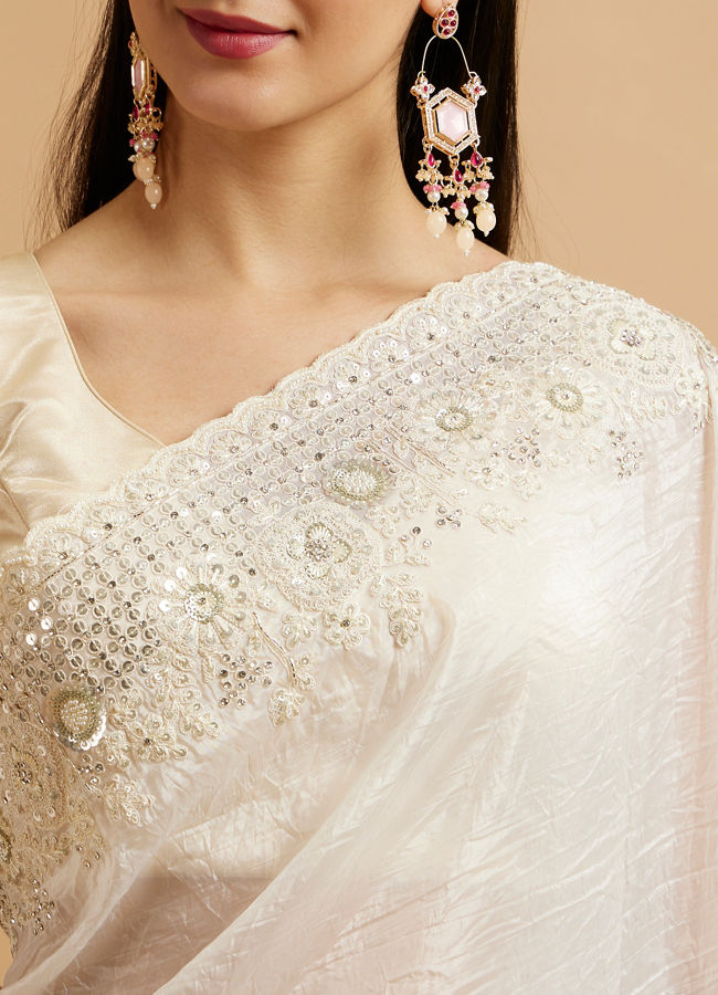 Mohey Women Dark Cream Bel Buti Patterned Stone Embellished Saree