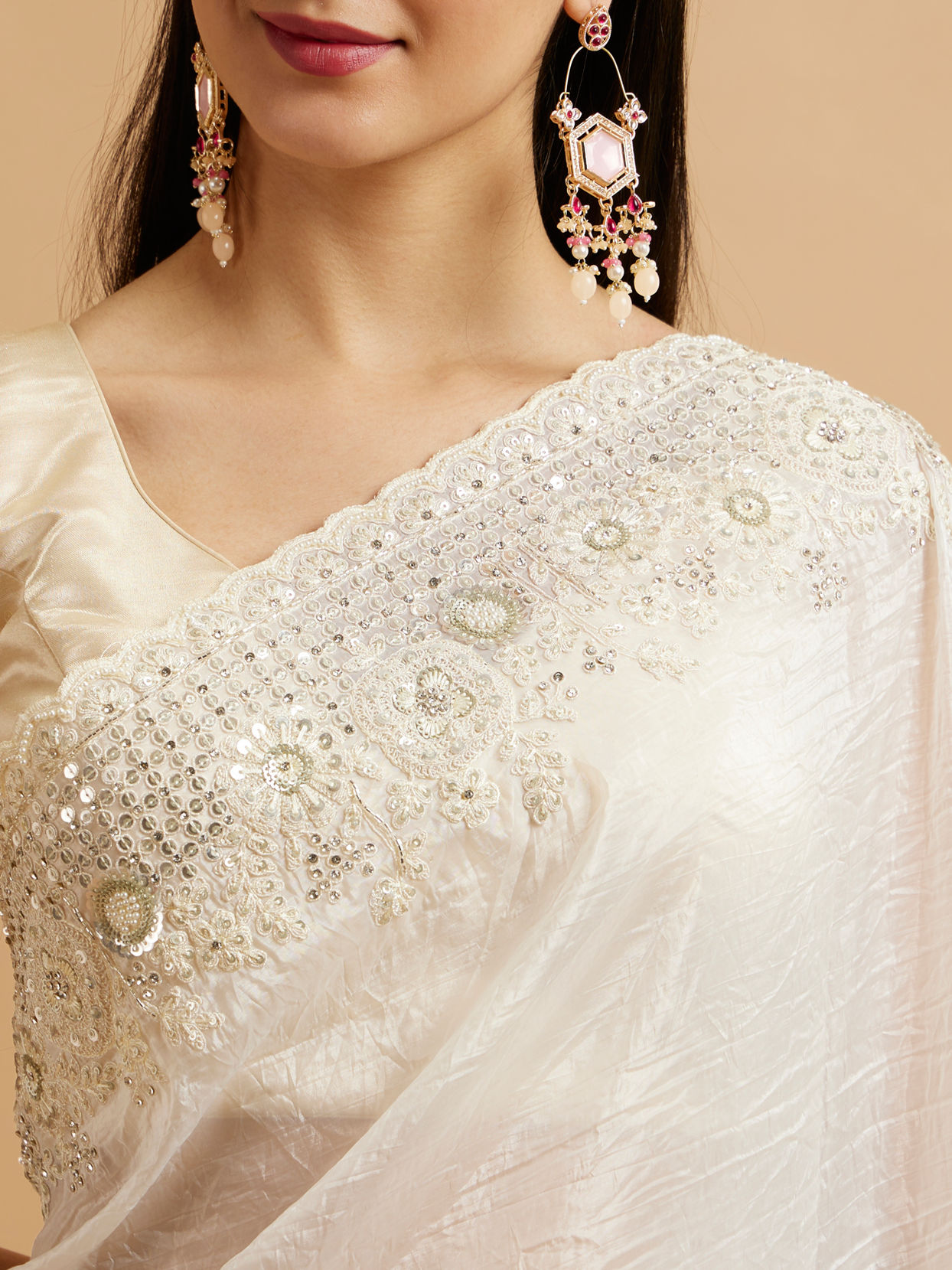 Mohey Women Dark Cream Bel Buti Patterned Stone Embellished Saree