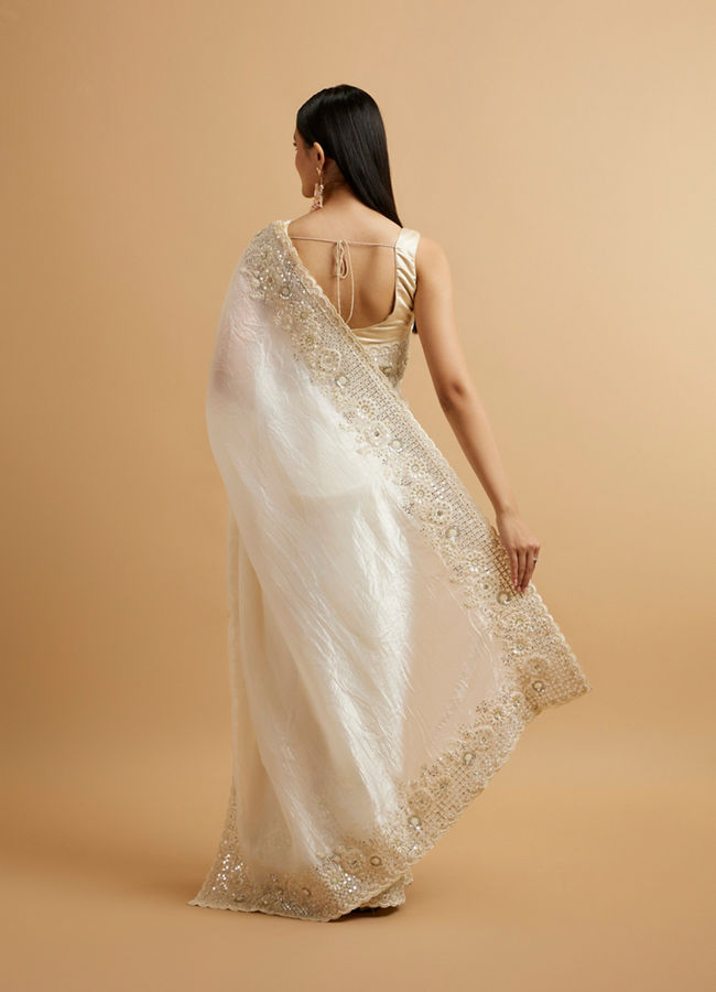 Mohey Women Dark Cream Bel Buti Patterned Stone Embellished Saree