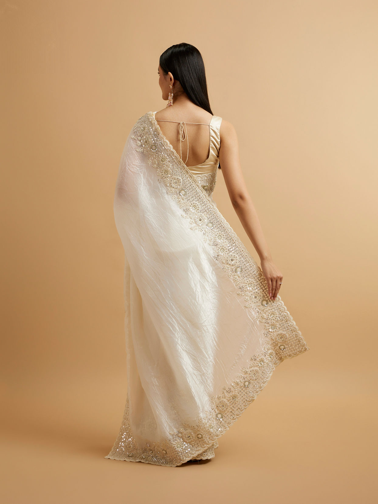 Mohey Women Dark Cream Bel Buti Patterned Stone Embellished Saree