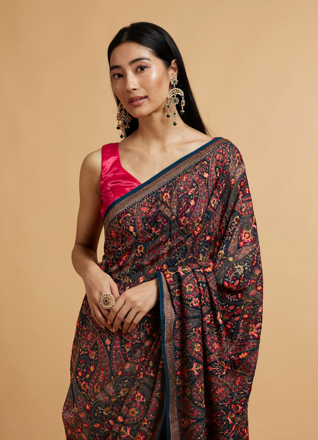 Mohey Women Teal Blue Paisley Embroidered Saree