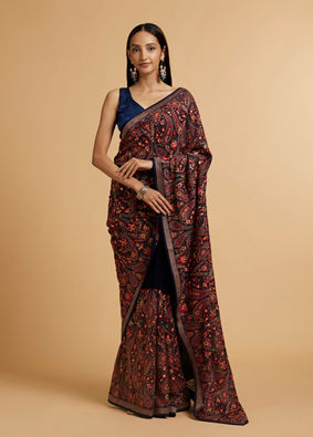 Mohey Women Dark Blue Paisley Embroidered Saree