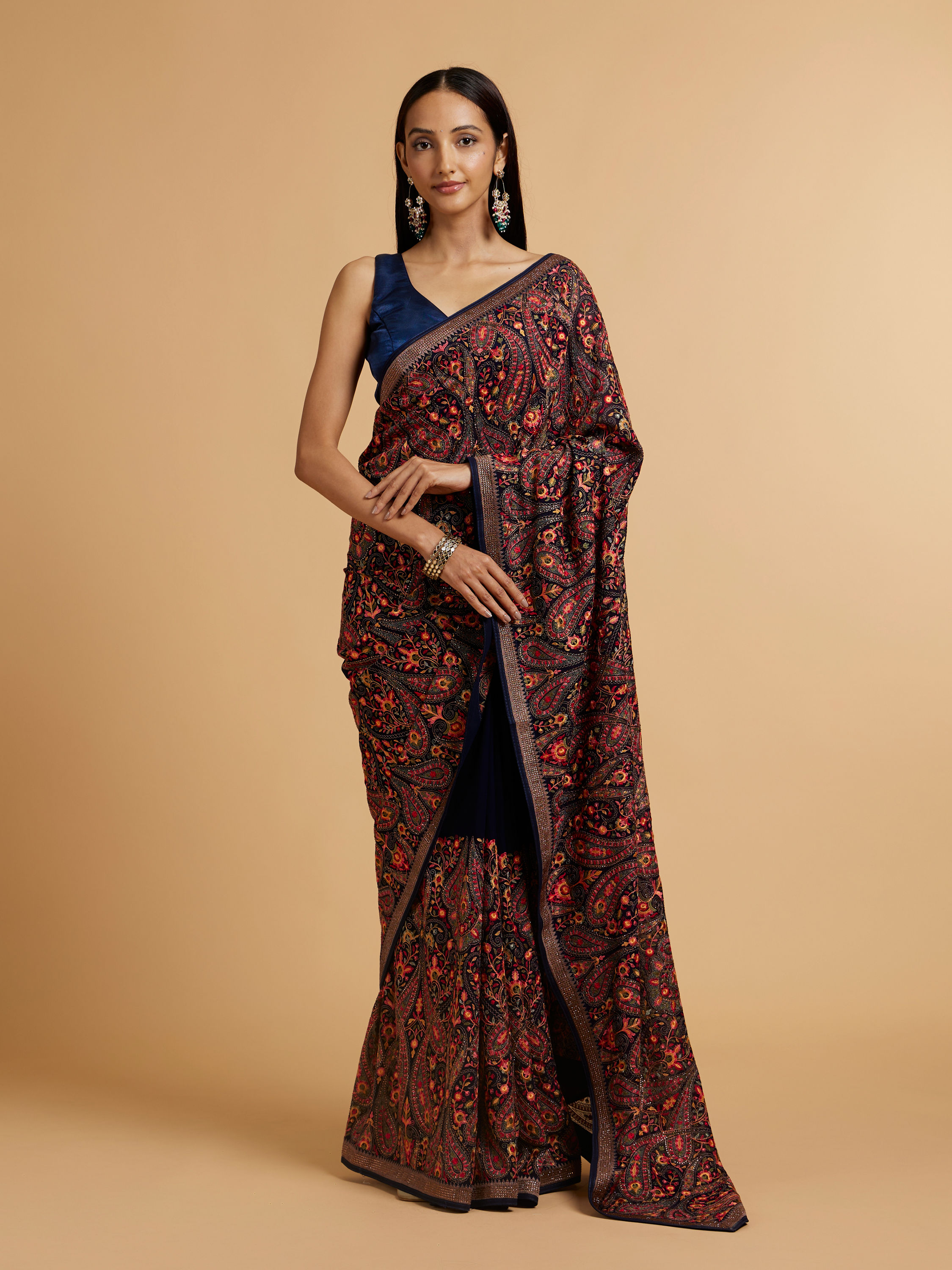 Mohey Women Dark Blue Paisley Embroidered Saree