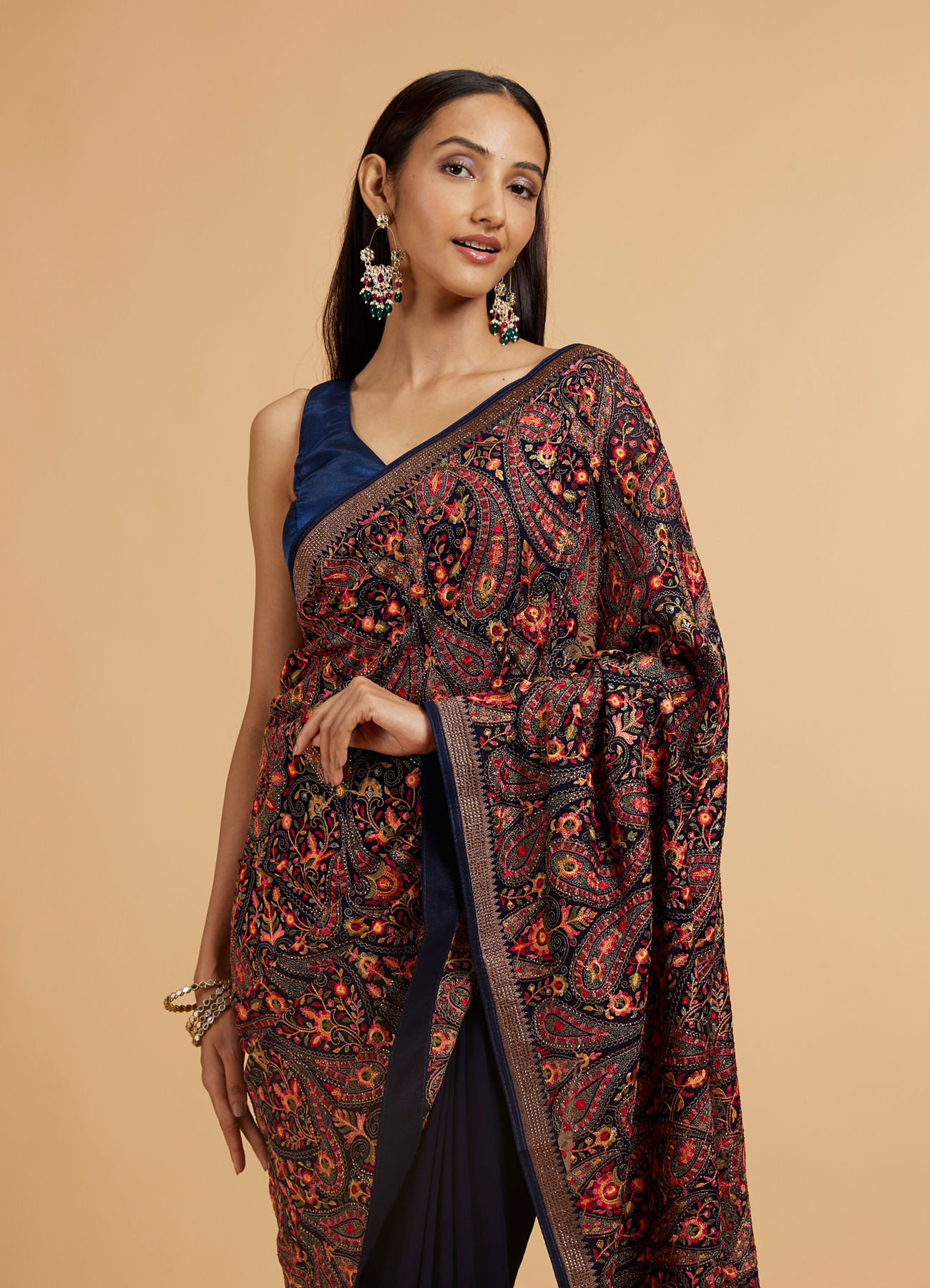 Mohey Women Dark Blue Paisley Embroidered Saree