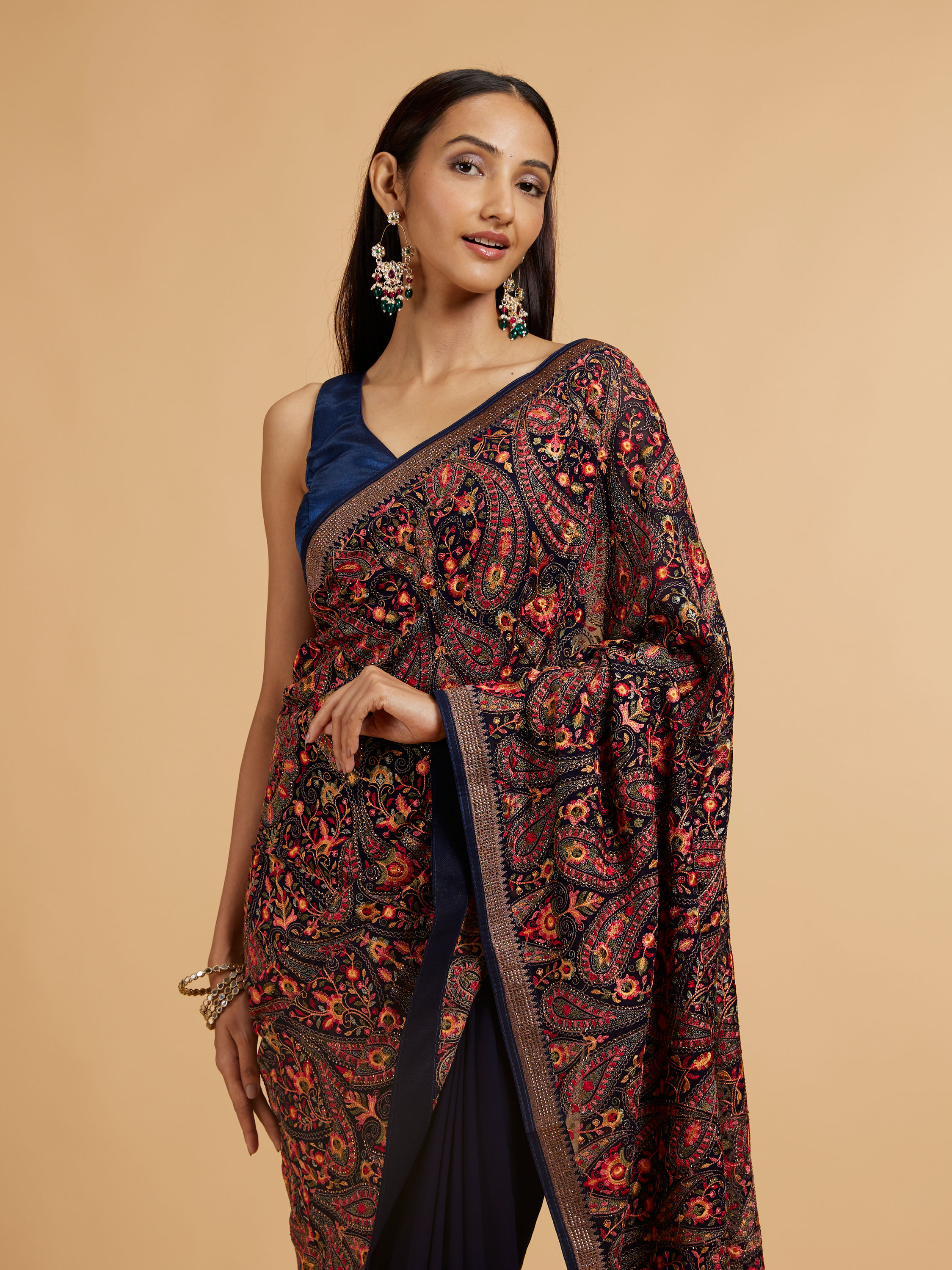 Mohey Women Dark Blue Paisley Embroidered Saree