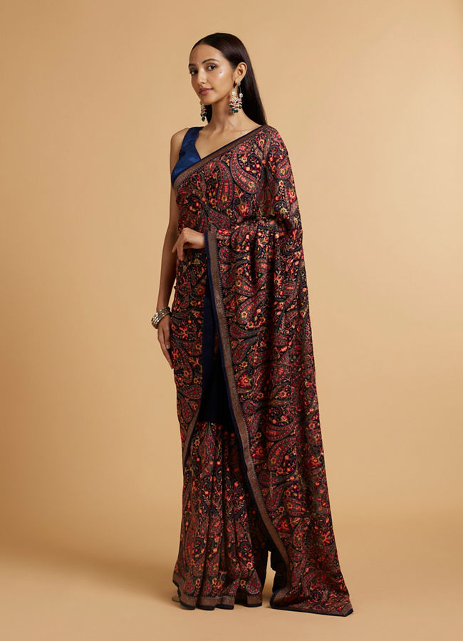 Mohey Women Dark Blue Paisley Embroidered Saree