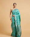 Mohey Women Turquoise Blue Chowkadi Motif Saree with Peacock Motifs on Border