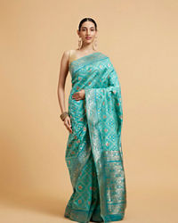 Mohey Women Turquoise Blue Chowkadi Motif Saree with Peacock Motifs on Border