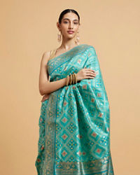 Mohey Women Turquoise Blue Chowkadi Motif Saree with Peacock Motifs on Border