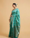 Mohey Women Turquoise Blue Chowkadi Motif Saree with Peacock Motifs on Border