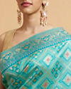 Mohey Women Turquoise Blue Chowkadi Motif Saree with Peacock Motifs on Border