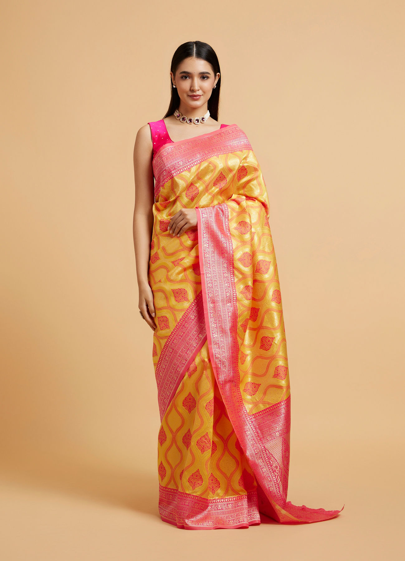 Mohey Women Sunshine Yellow Ogee Patterned Saree with Floral Medallions