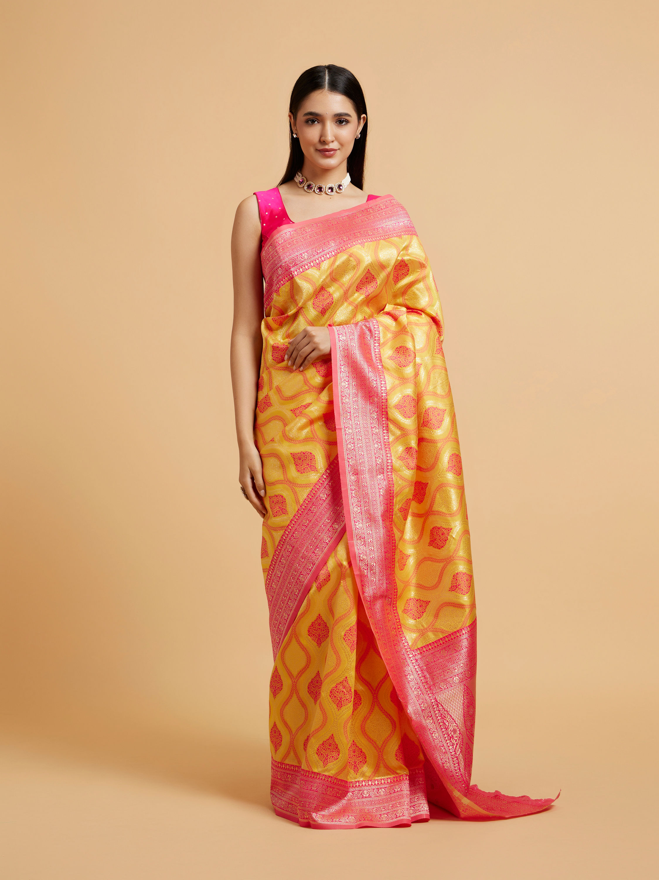 Mohey Women Sunshine Yellow Ogee Patterned Saree with Floral Medallions