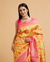 Mohey Women Sunshine Yellow Ogee Patterned Saree with Floral Medallions