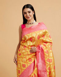 Mohey Women Sunshine Yellow Ogee Patterned Saree with Floral Medallions