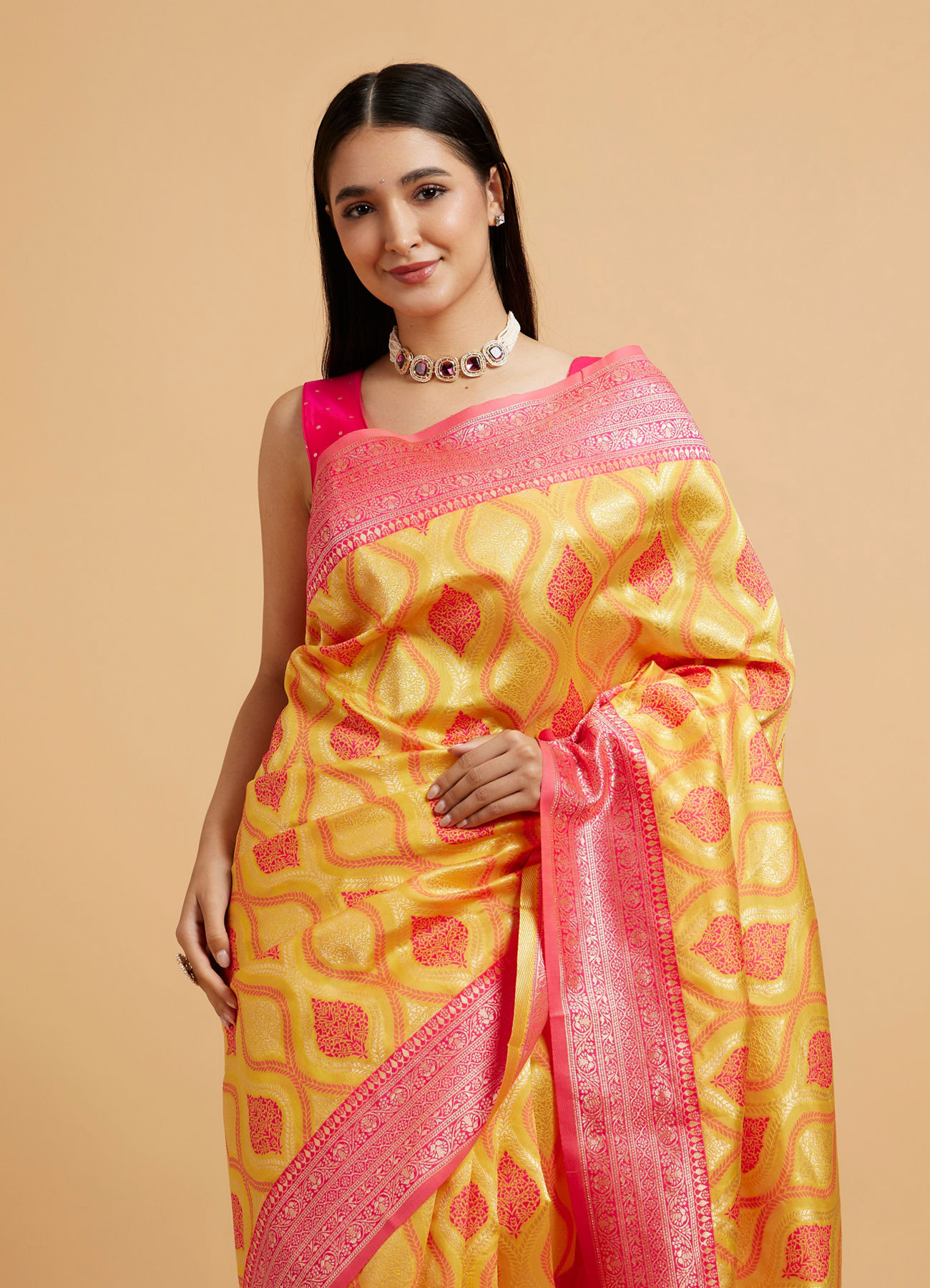 Mohey Women Sunshine Yellow Ogee Patterned Saree with Floral Medallions