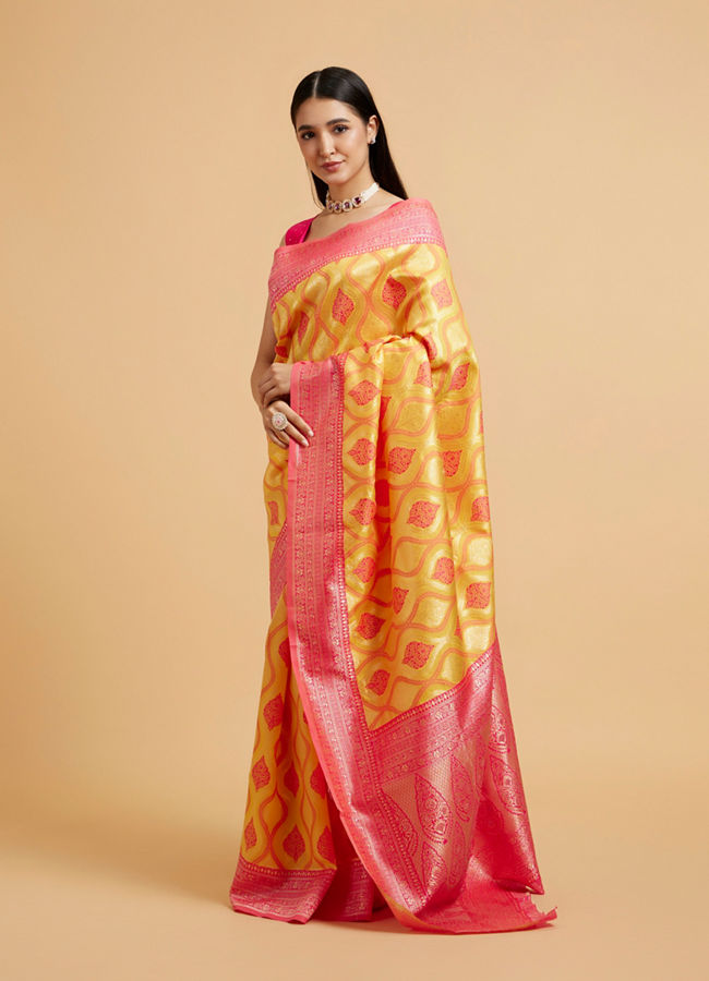 Mohey Women Sunshine Yellow Ogee Patterned Saree with Floral Medallions